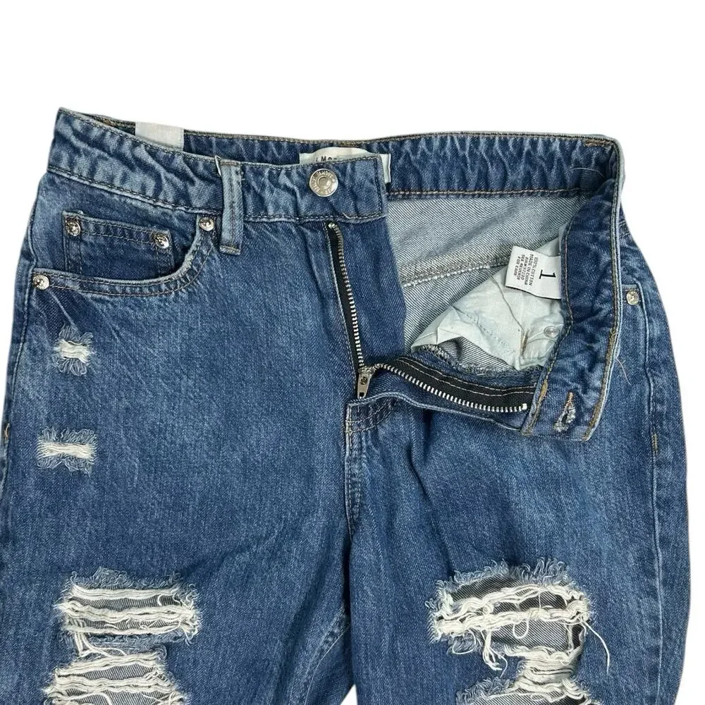 Almost Famous Distressed Mom Jeans Womens Juniors Size 1 Medium Wash Blue Ripped - Picture 5 of 14